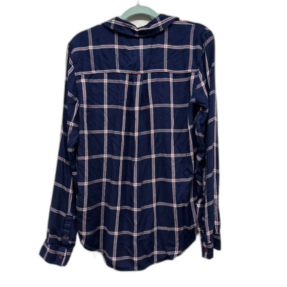 SO Button Up Flannel Perfect Shirt Relaxed Top Navy & White Checkered Womens XL - Picture 6 of 7